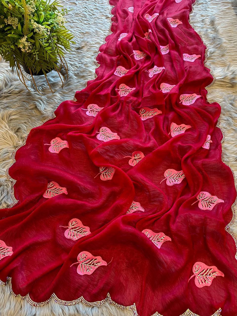 Red Foil-Chiffon Saree with Digital-Print & Hand Cut-Work Border with blouse