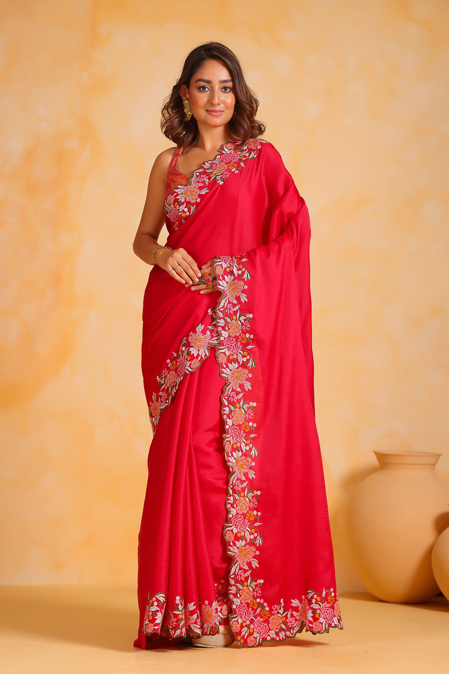Hand-Emnroidered Vibrant Red Pure Tussar Silk Saree with Blouse