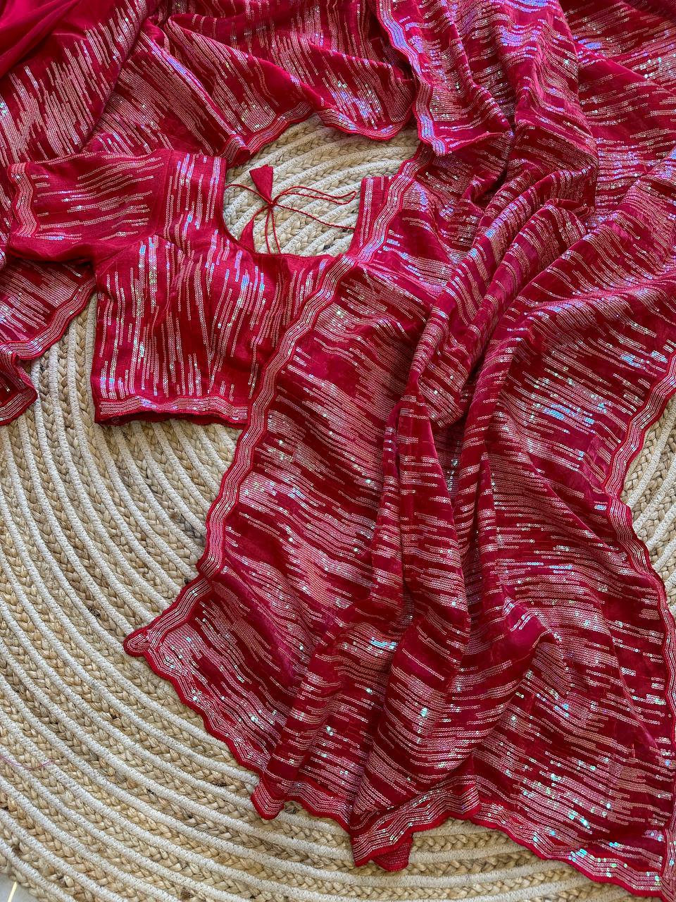 Hand-Embroidered Bold Red Jimmy Choo Saree with Blouse
