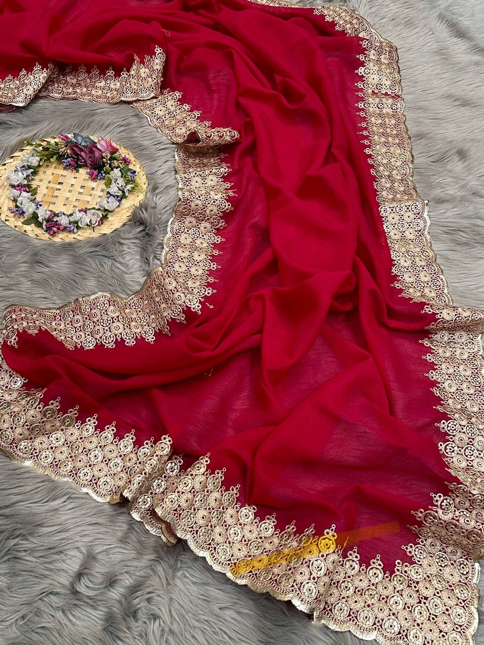 Hand Embroidered Bright-Red Pure Wrinkle-Chiffon Silk saree with Heavy Border and Blouse