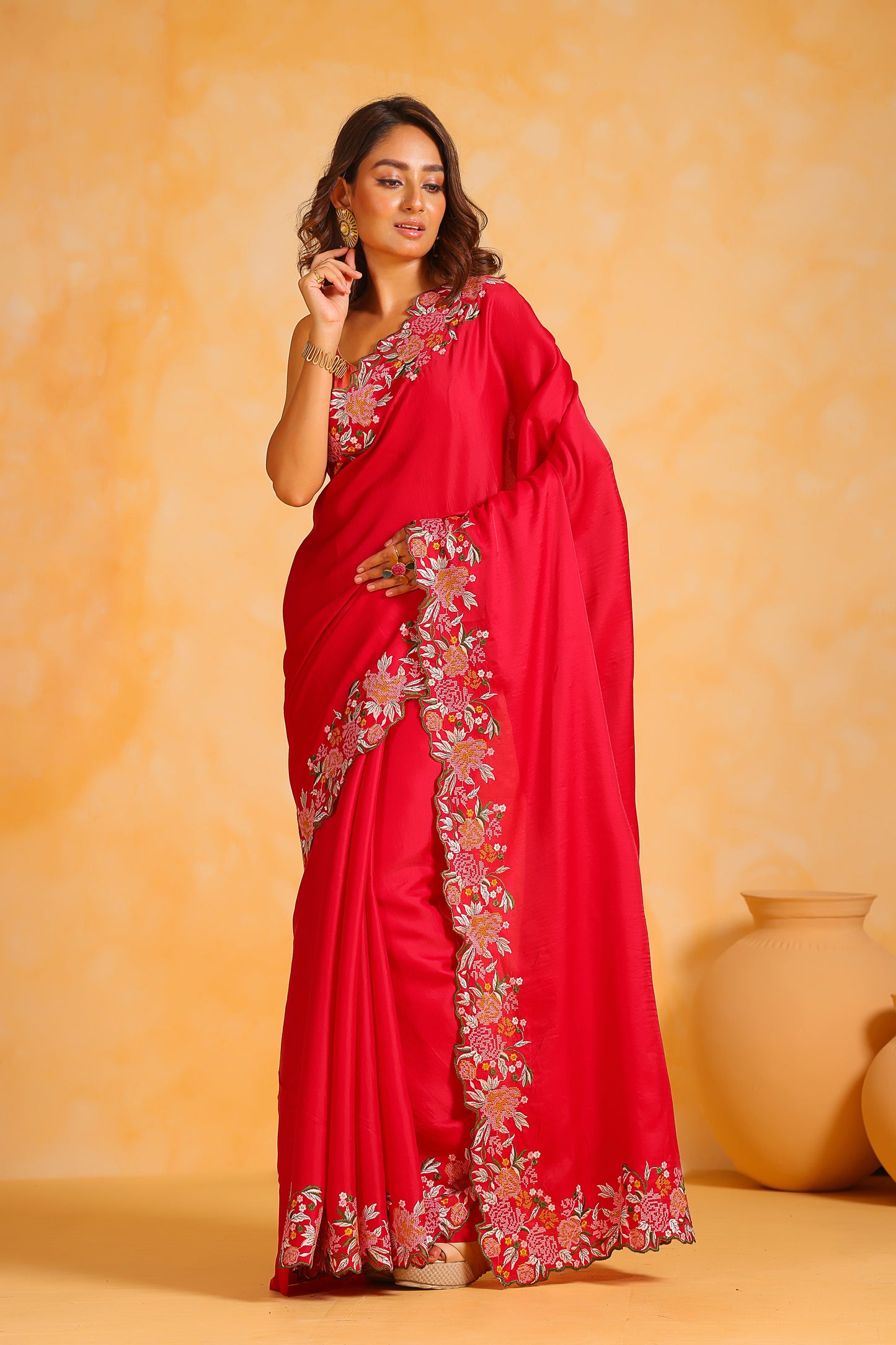 Hand-Emnroidered Vibrant Red Pure Tussar Silk Saree with Blouse