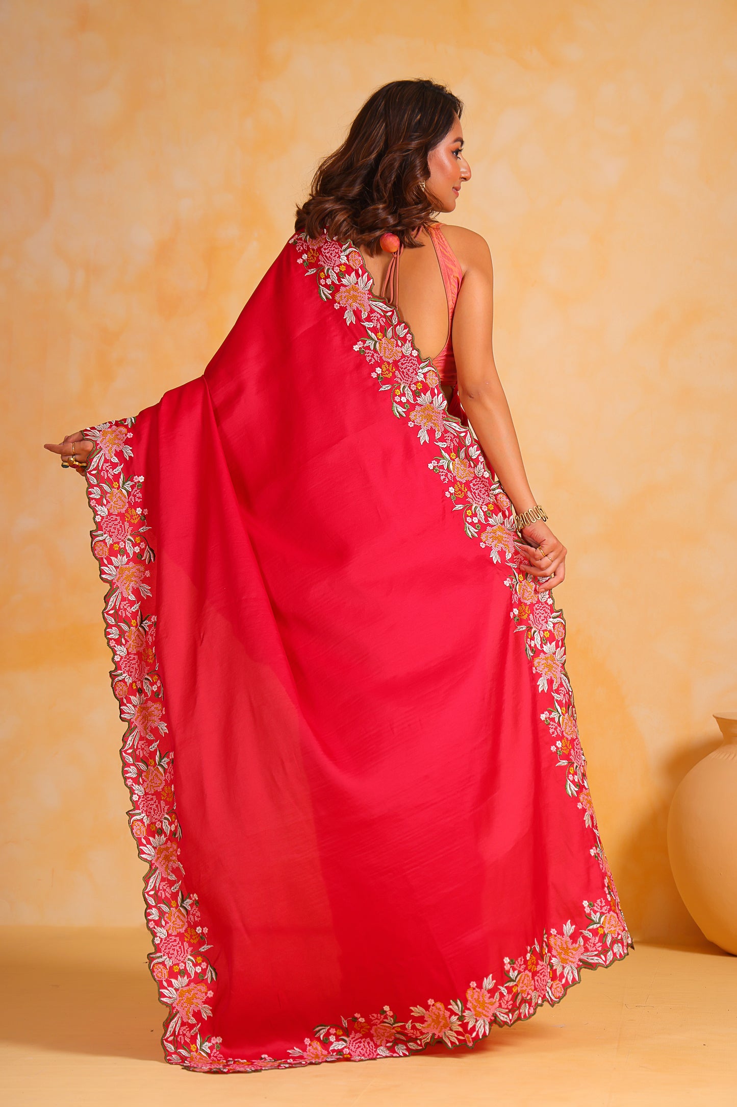 Hand-Emnroidered Vibrant Red Pure Tussar Silk Saree with Blouse