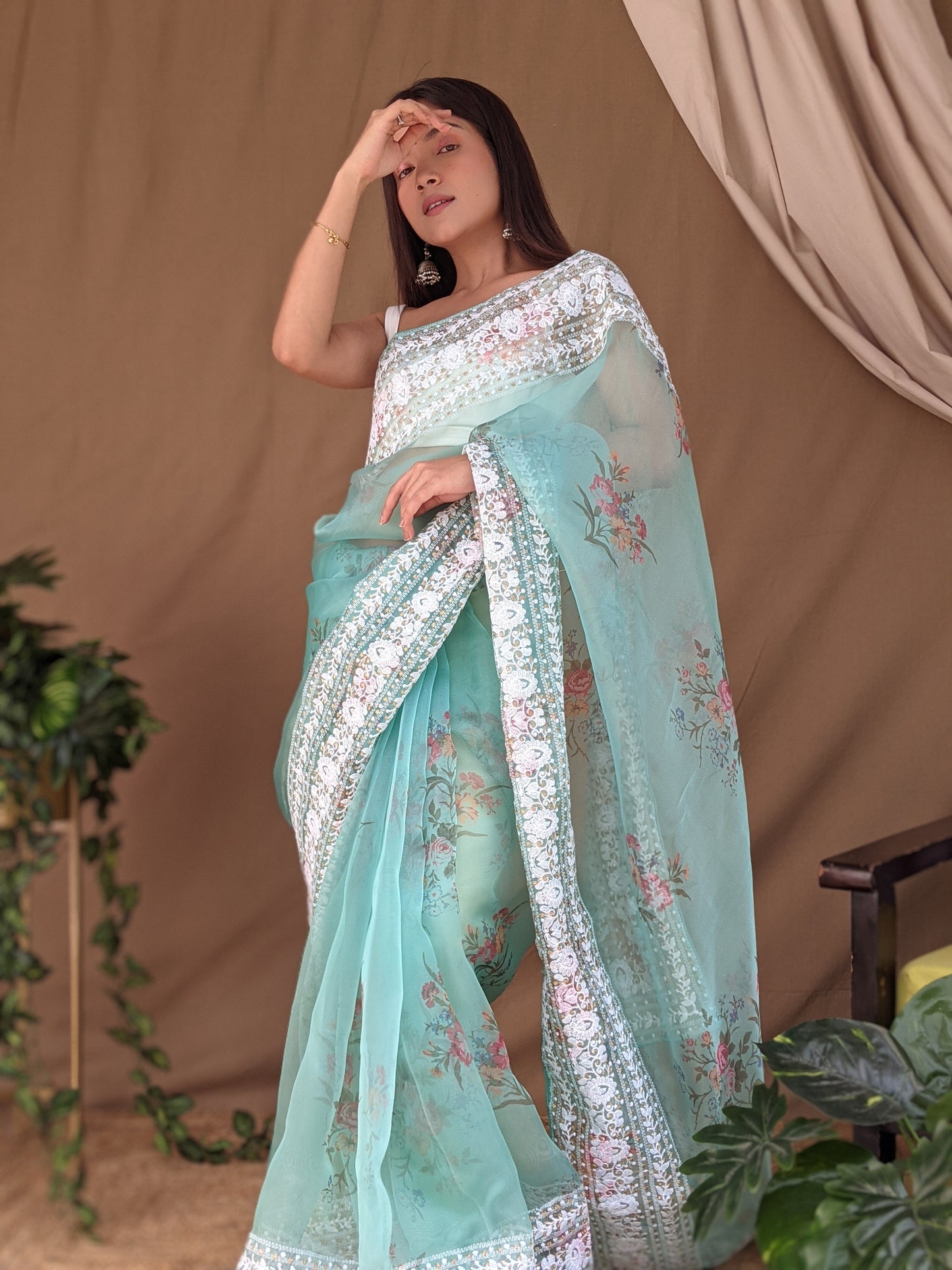 Hand-Embroidered & Digital Printed Sea-Blue Pure Organza Saree with Blouse