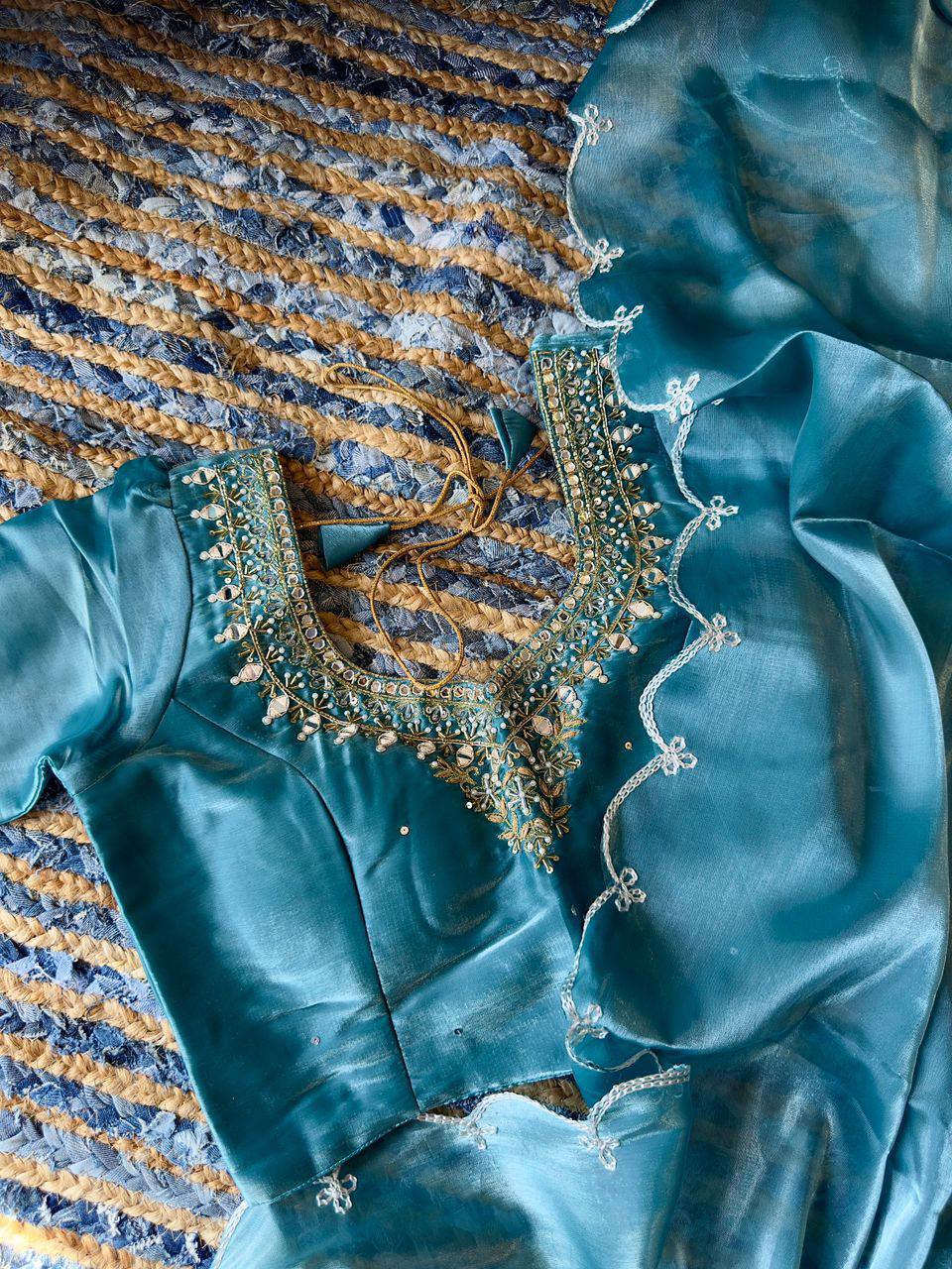 Sky-Blue Jimmy Choo Silk Saree with Cut-Work & Hand-Embroidered Blouse