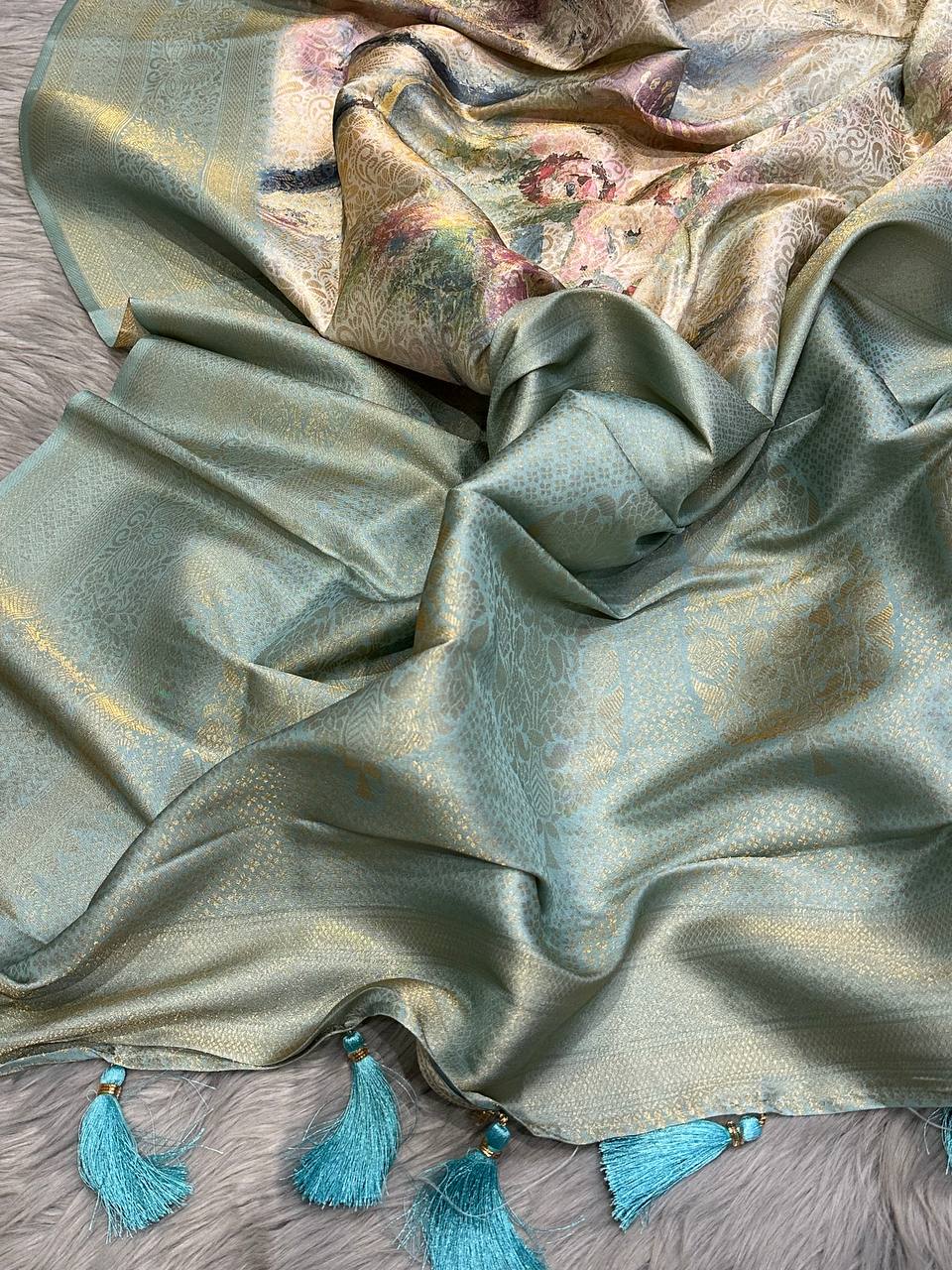 Handloom Sky-Blue-Golden Soft Banarasi Saree with Royal Tassels comes with Blouse
