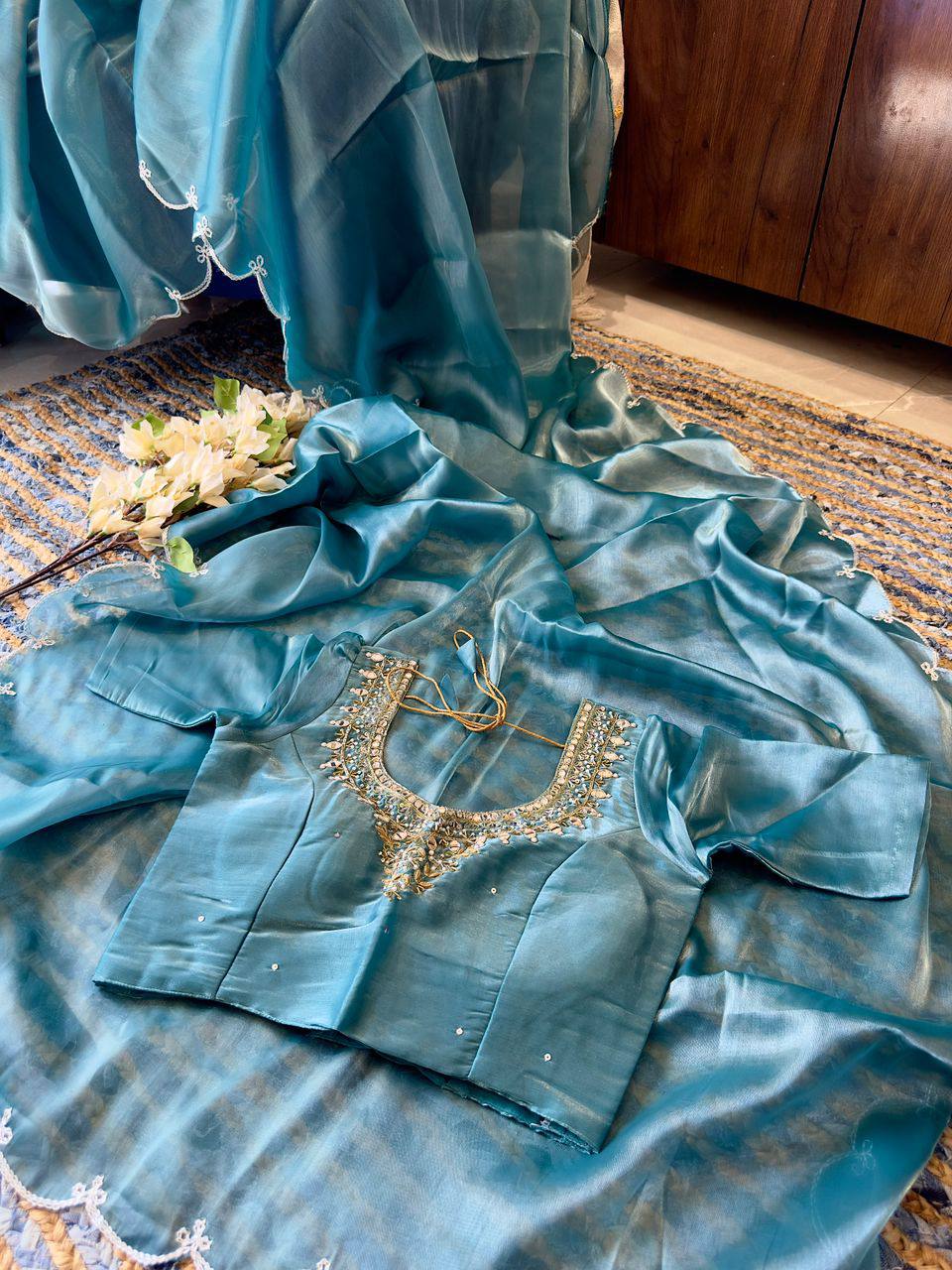 Sky-Blue Jimmy Choo Silk Saree with Cut-Work & Hand-Embroidered Blouse