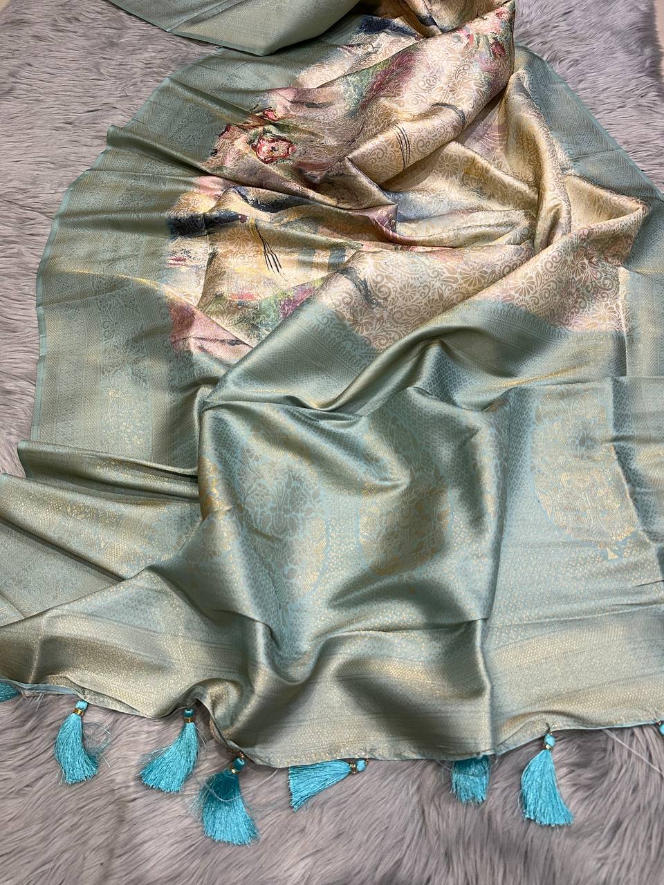 Handloom Sky-Blue-Golden Soft Banarasi Saree with Royal Tassels comes with Blouse