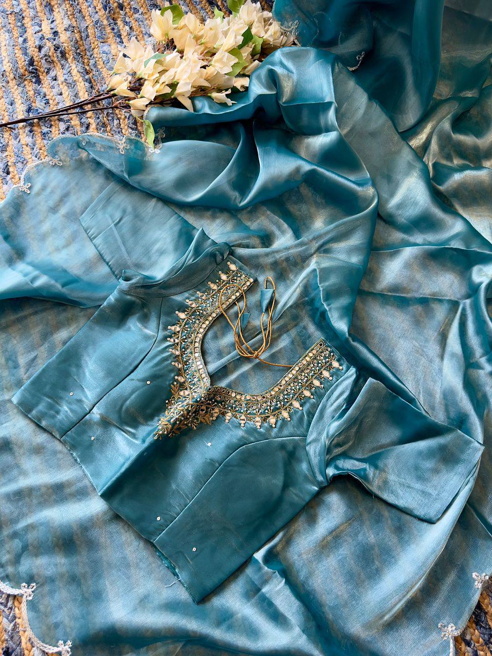 Sky-Blue Jimmy Choo Silk Saree with Cut-Work & Hand-Embroidered Blouse
