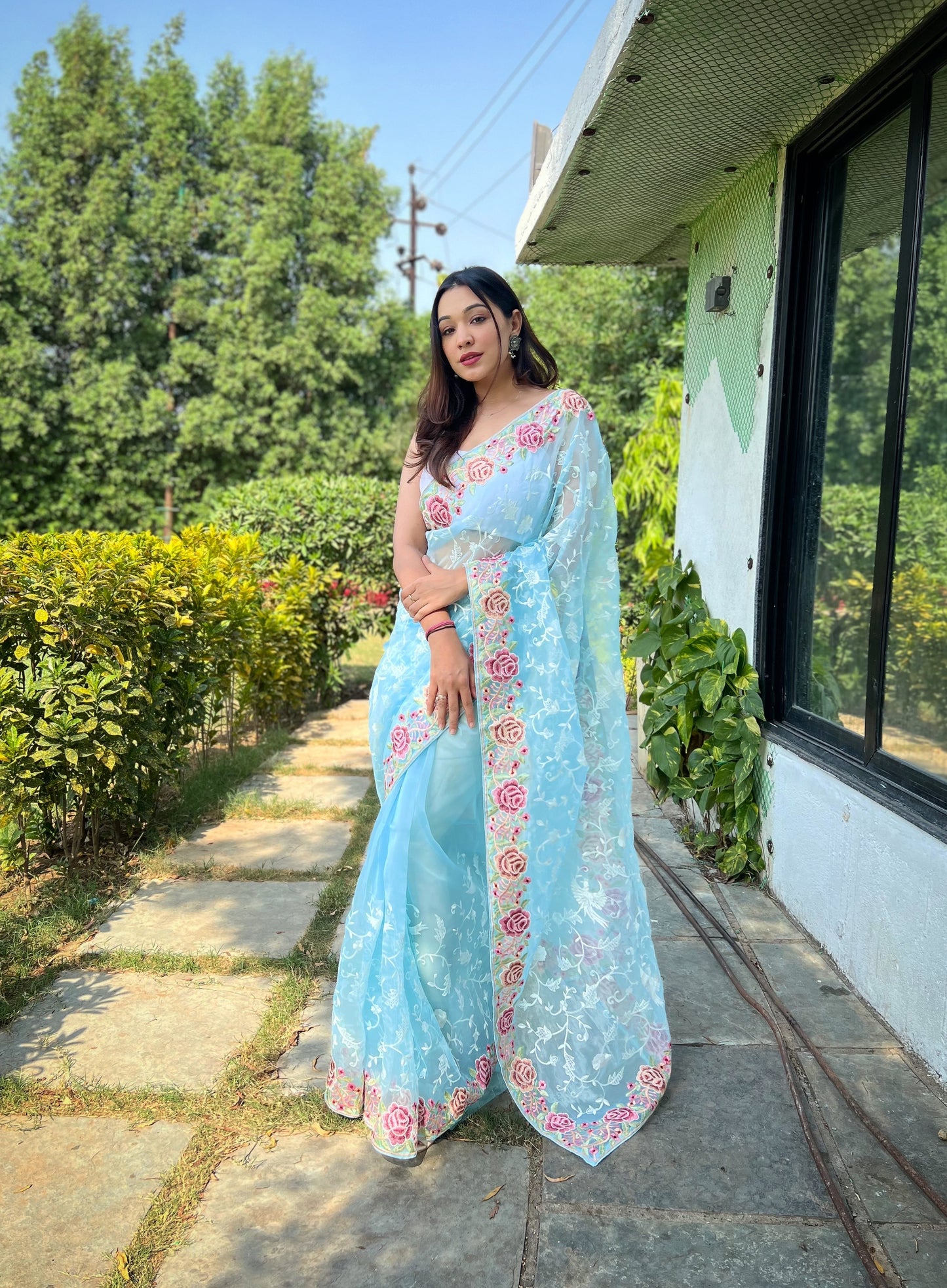 Hand-Embroidered Sky-Blue Pure Organza Silk Saree