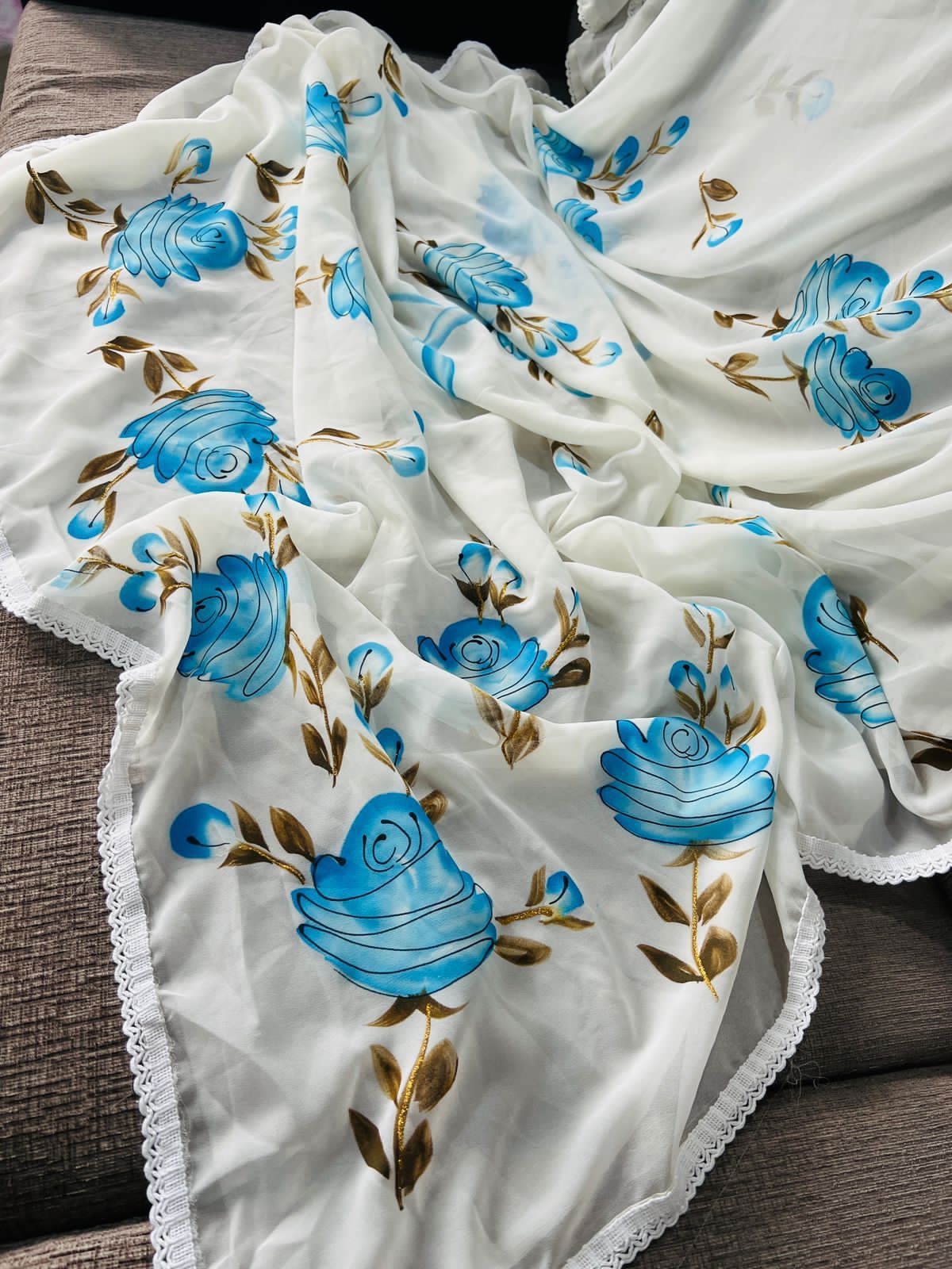 Hand-Embroidered Pure White Chikankari & Golden Zari work Saree with Blouse