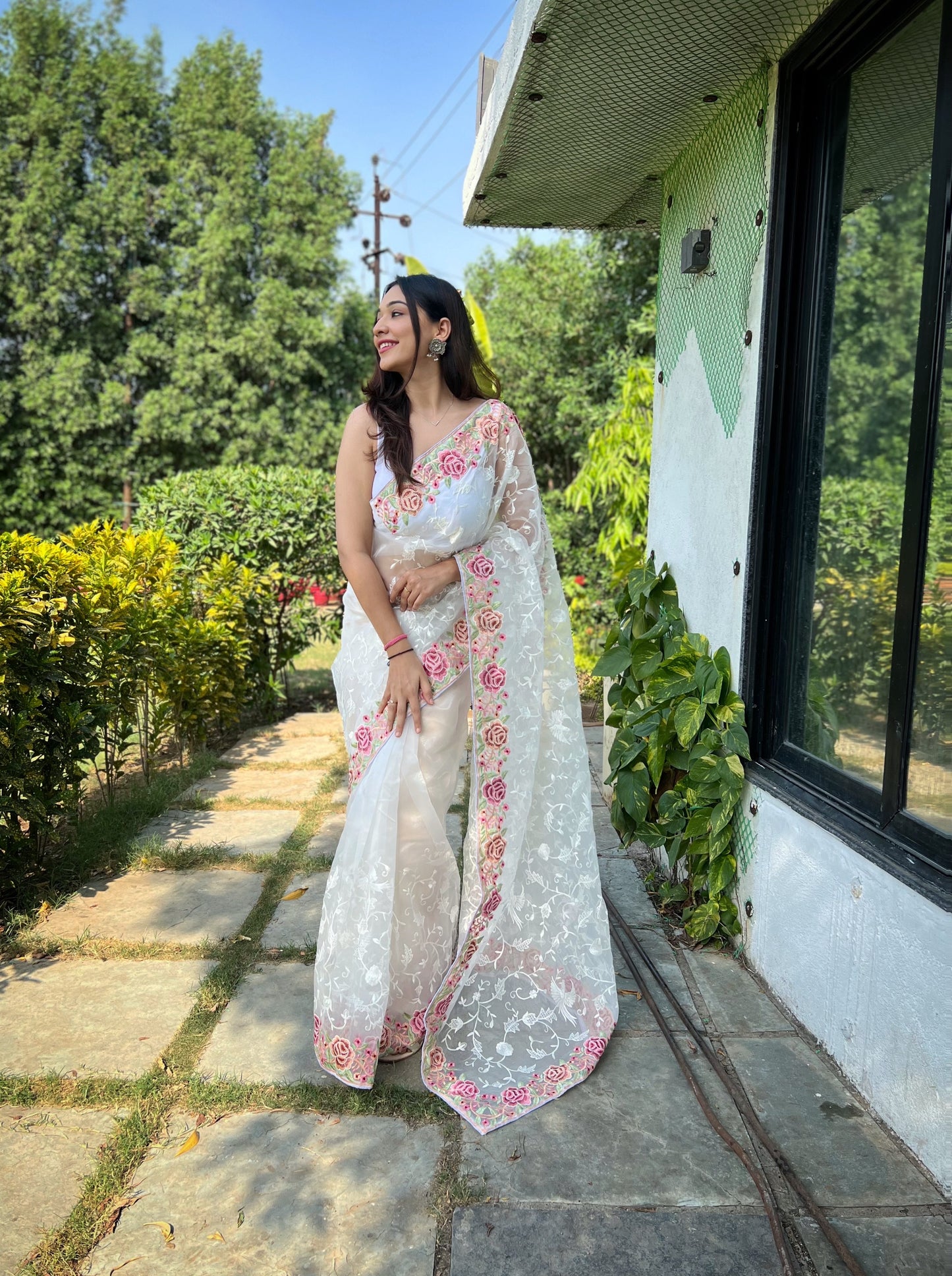 Hand-Embroidered Pristine-White Pure Organza Silk Saree