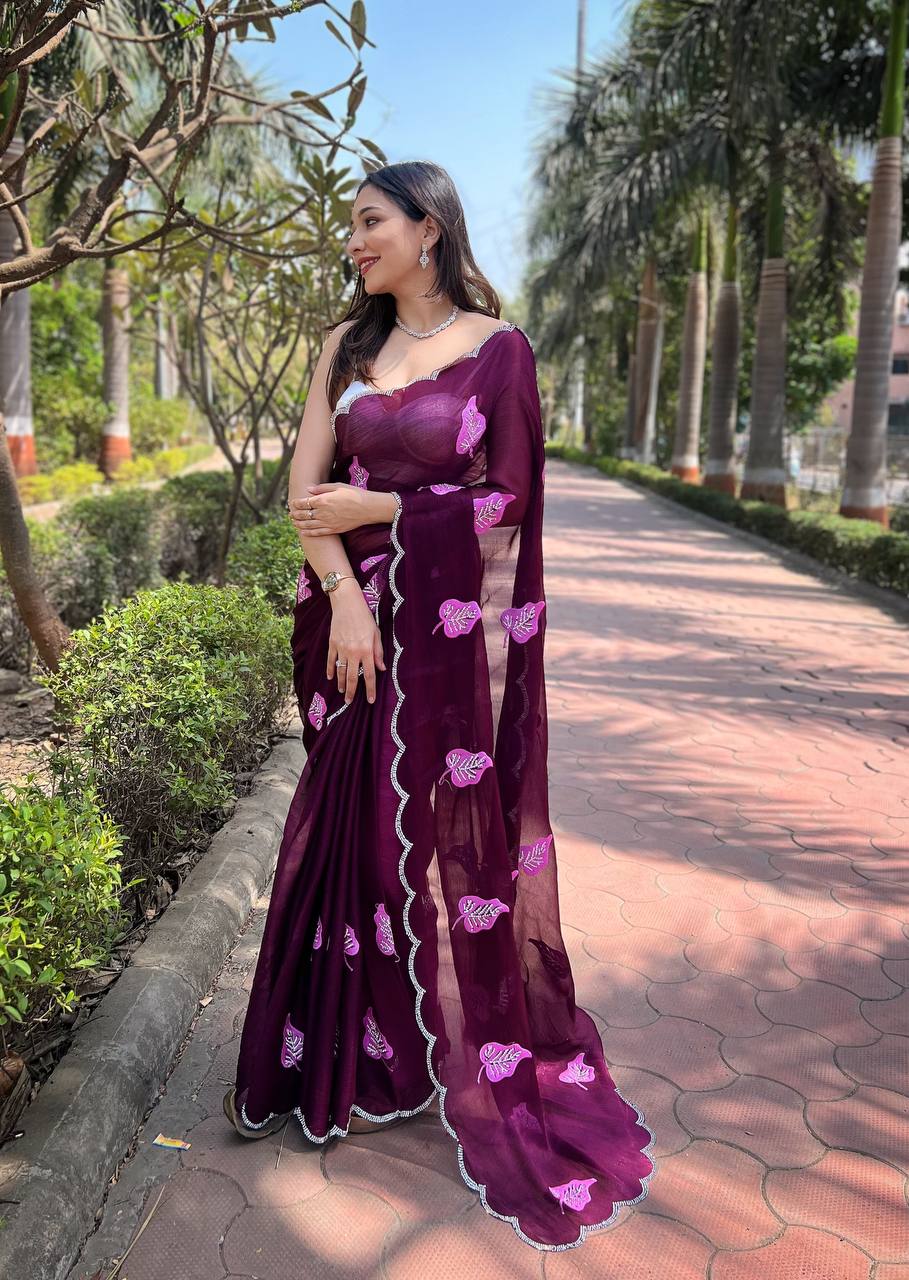 Wine Foil-Chiffon Saree with Digital-Print & Hand Cut-Work Border with blouse