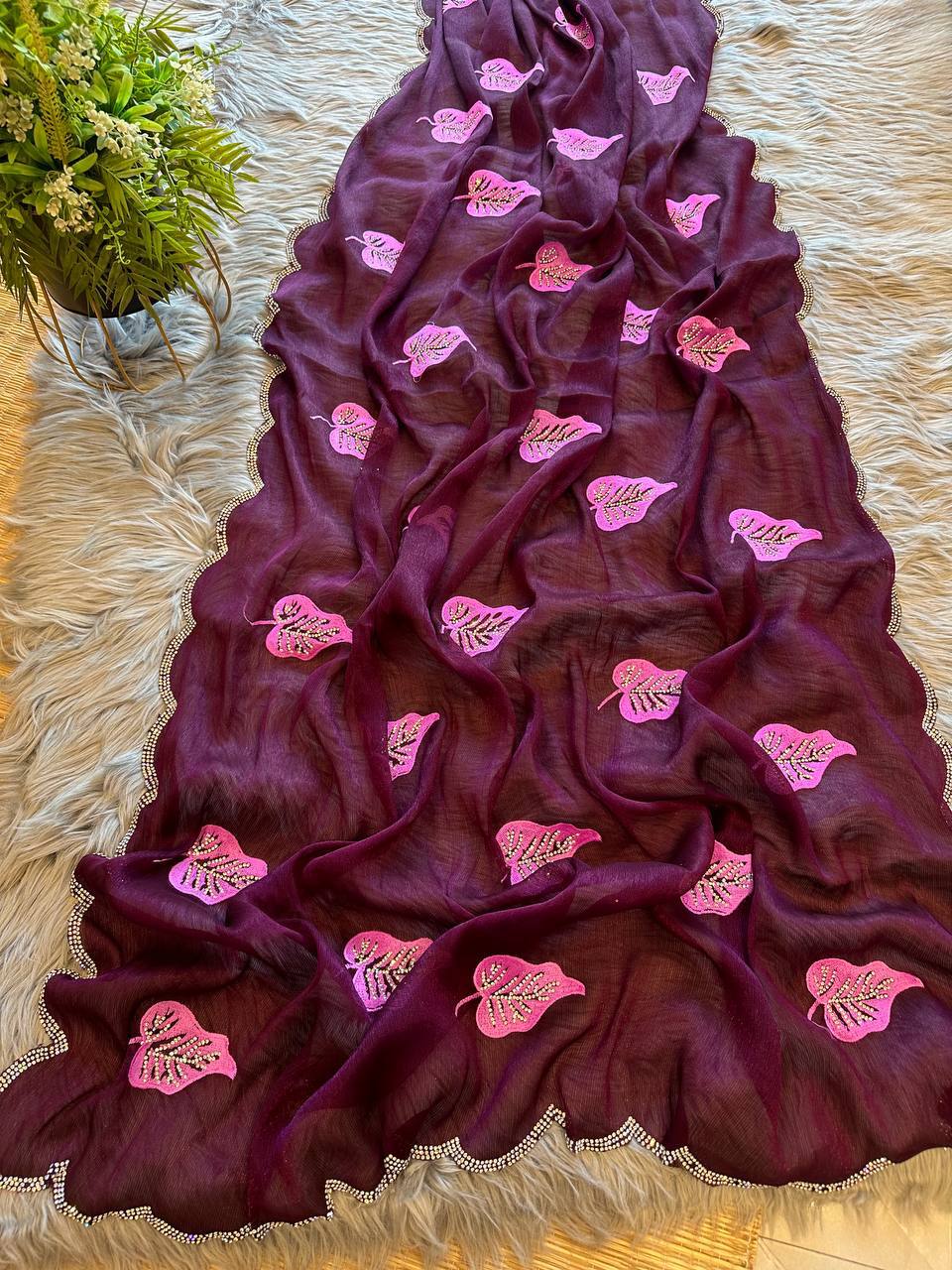 Wine Foil-Chiffon Saree with Digital-Print & Hand Cut-Work Border with blouse