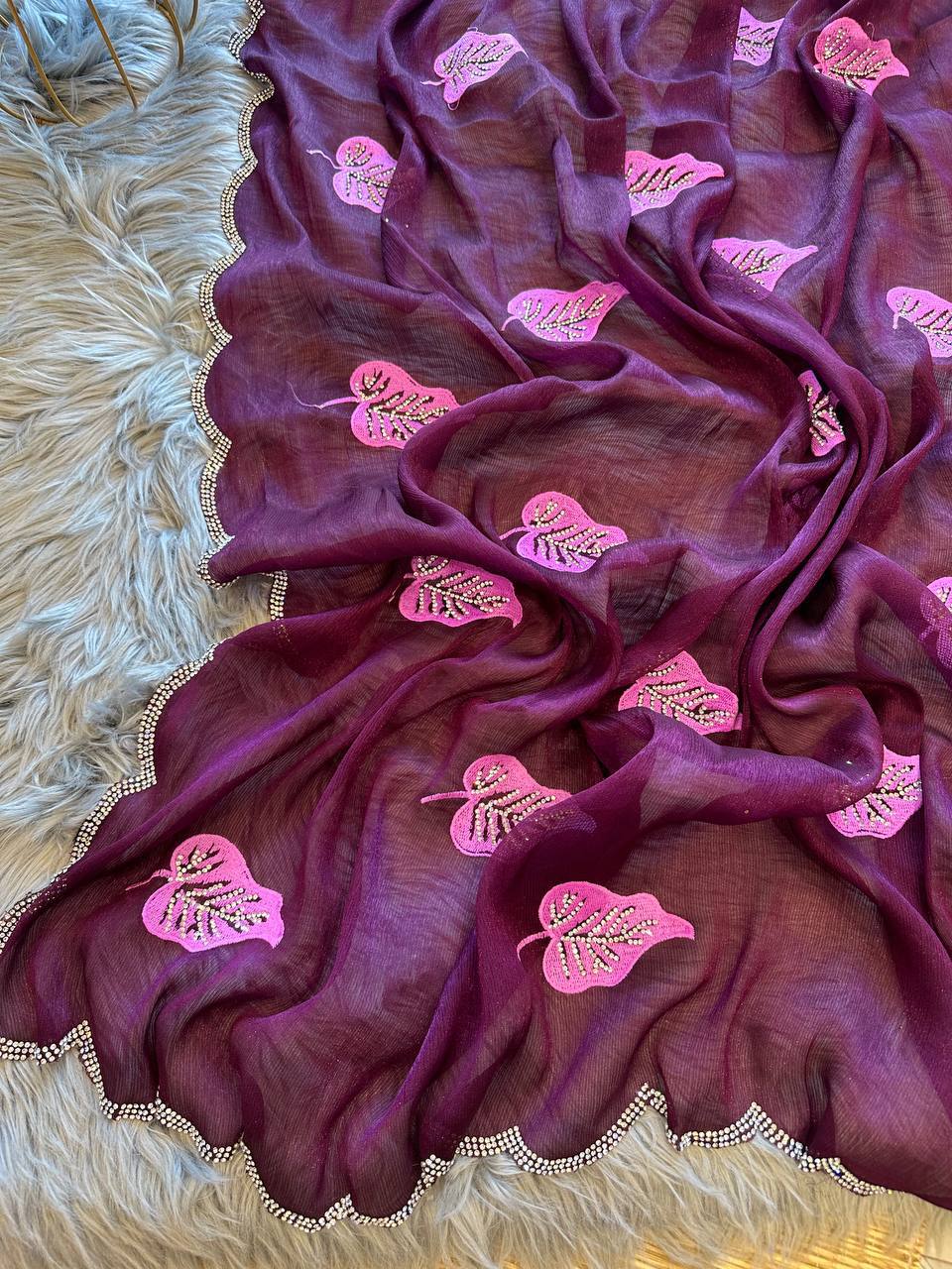 Wine Foil-Chiffon Saree with Digital-Print & Hand Cut-Work Border with blouse