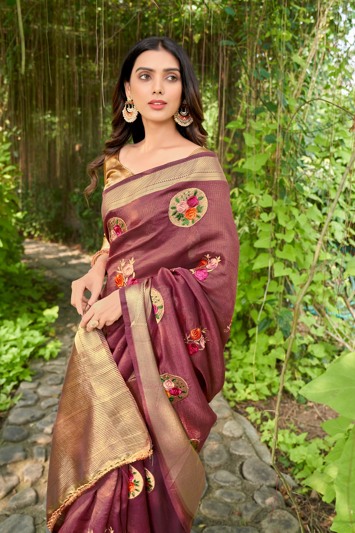 Hand Emboidered Maroon Pure Cotton-Silk saree with Zari Border paired with Blouse