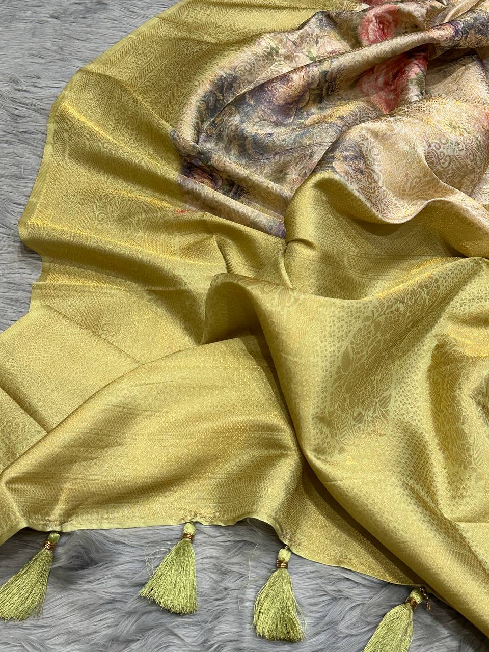 Handloom Sunny-Yellow-Golden Soft Banarasi Saree with Royal Tassels comes with Blouse