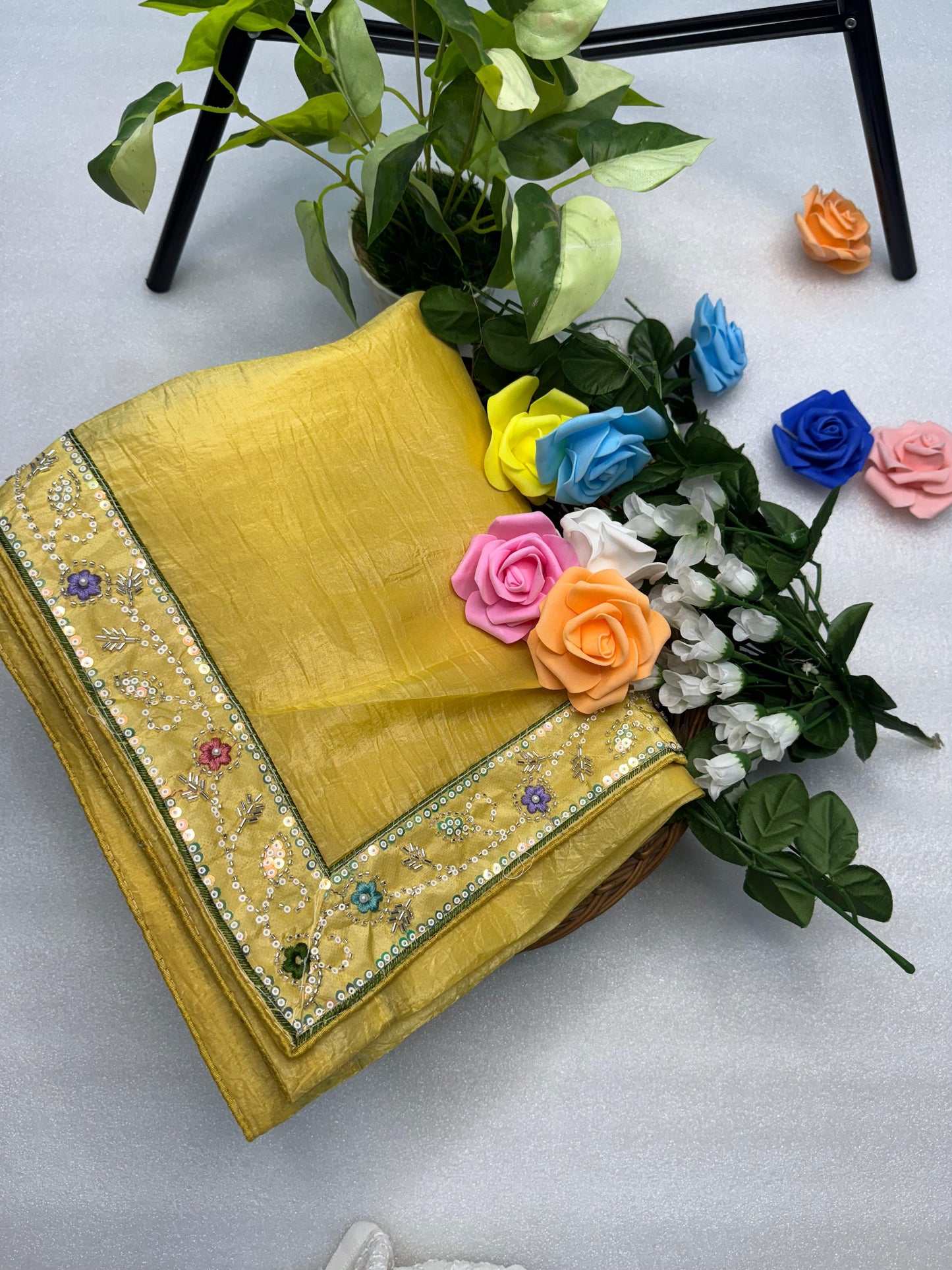 Hand-Embroidered Pure Silk Saree in Sunny Yellow Paired with a Heavily Embroidered Stitched Blouse
