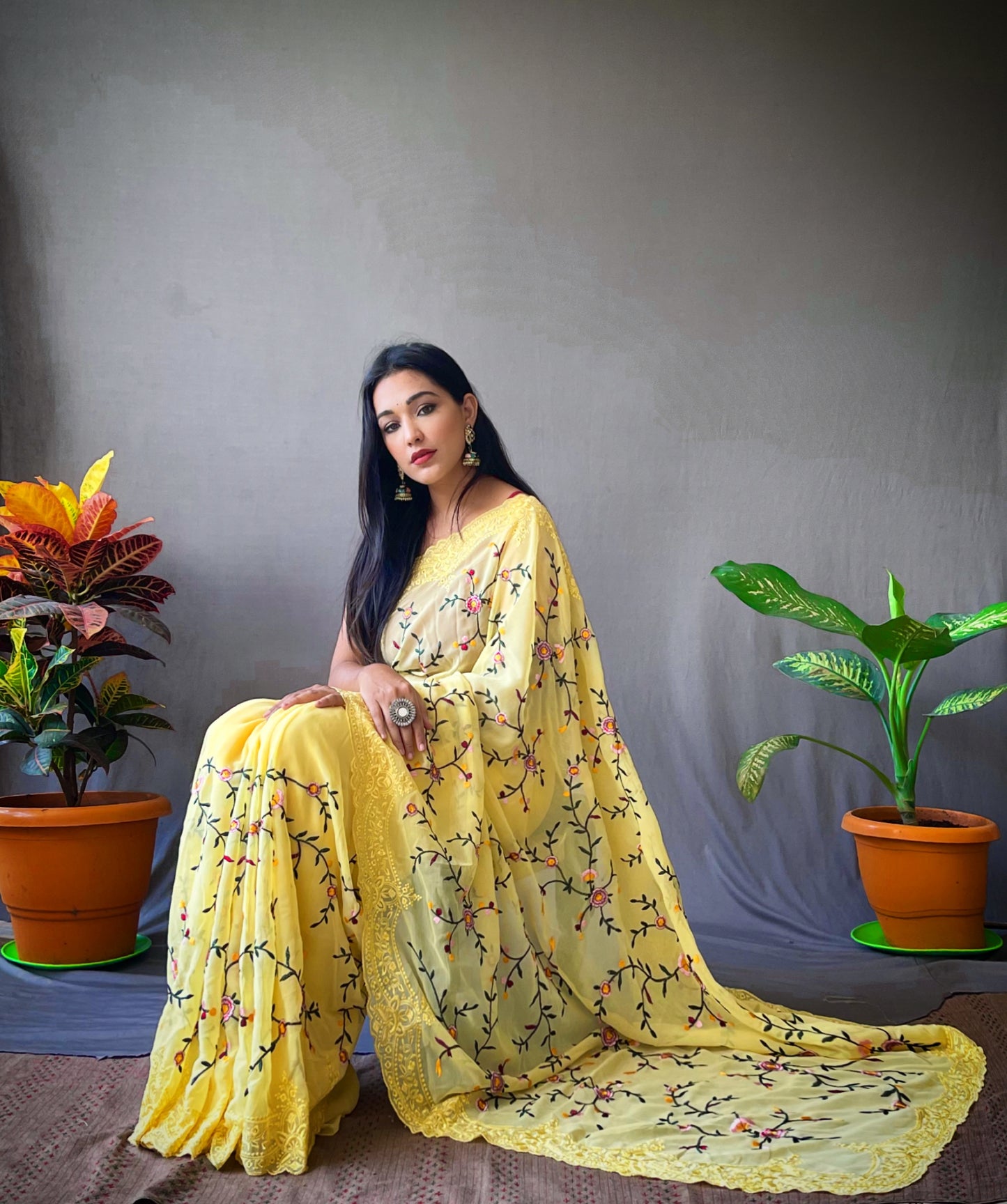 Hand-Embroidered Yellow Jal-Work Pure Georgette Silk Saree with Blouse