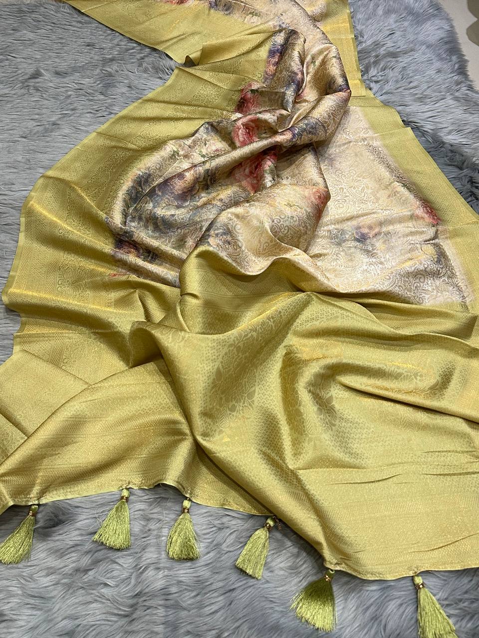 Handloom Sunny-Yellow-Golden Soft Banarasi Saree with Royal Tassels comes with Blouse