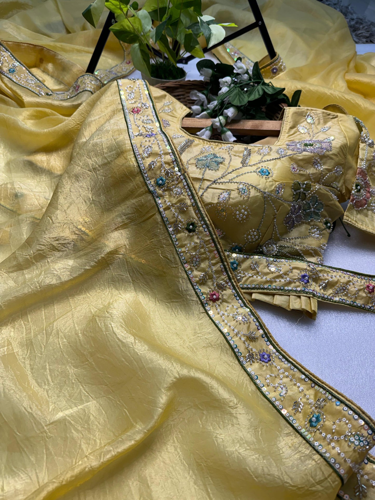 Hand-Embroidered Pure Silk Saree in Sunny Yellow Paired with a Heavily Embroidered Stitched Blouse