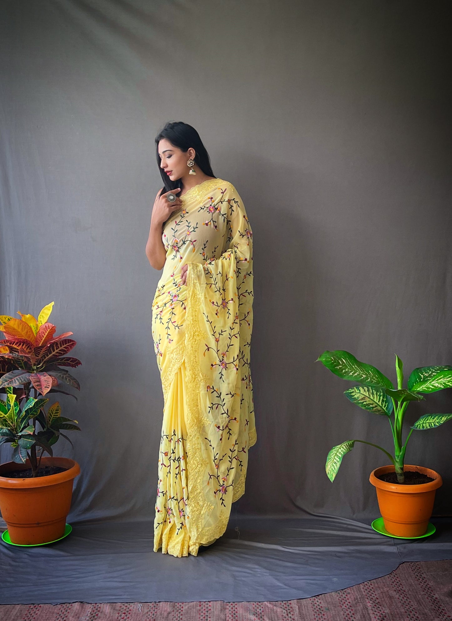 Hand-Embroidered Yellow Jal-Work Pure Georgette Silk Saree with Blouse