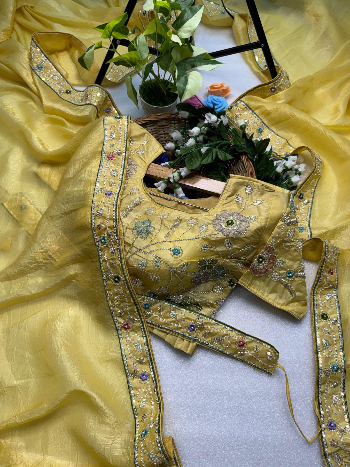 Hand-Embroidered Pure Silk Saree in Sunny Yellow Paired with a Heavily Embroidered Stitched Blouse