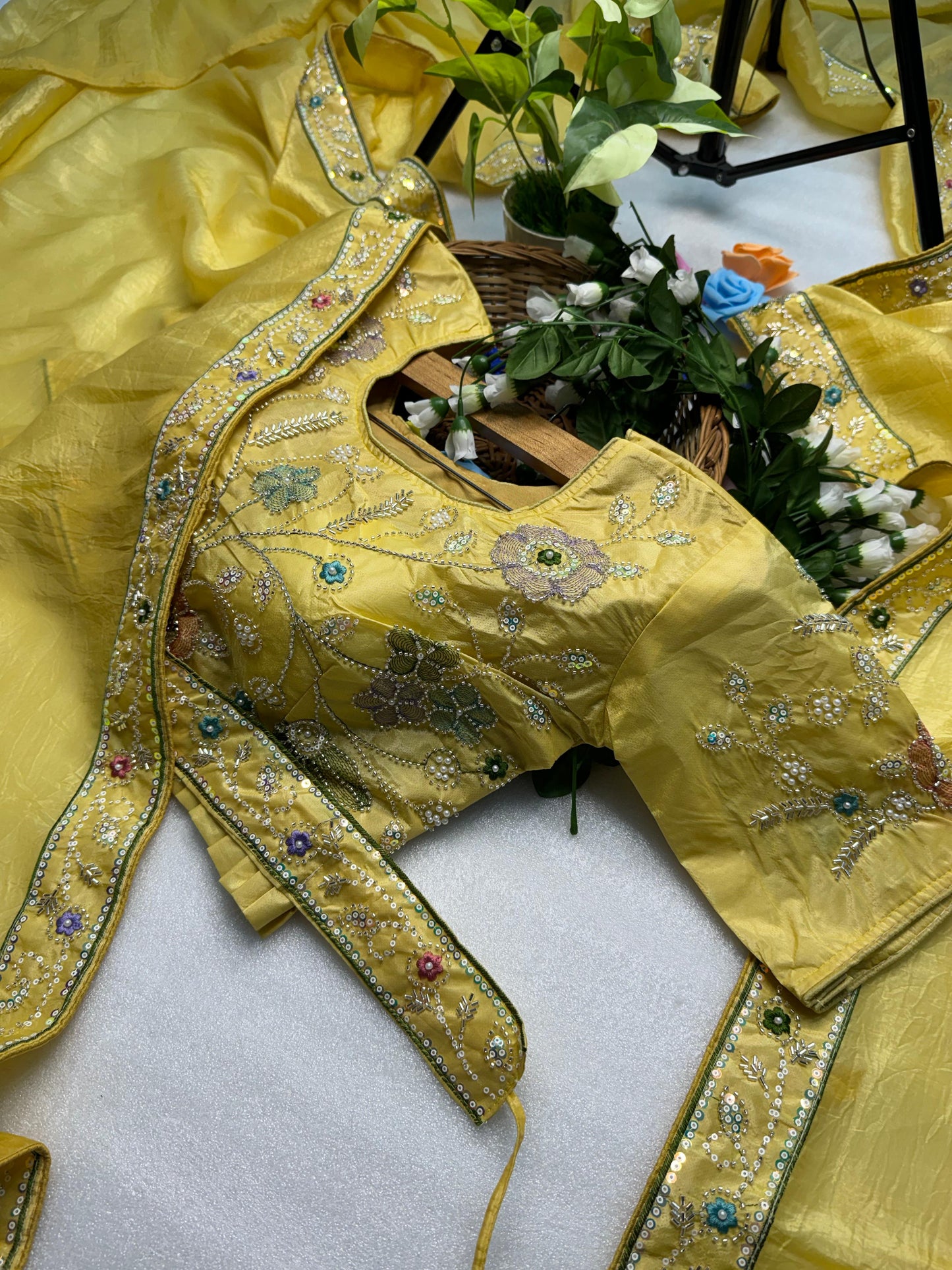 Hand-Embroidered Pure Silk Saree in Sunny Yellow Paired with a Heavily Embroidered Stitched Blouse