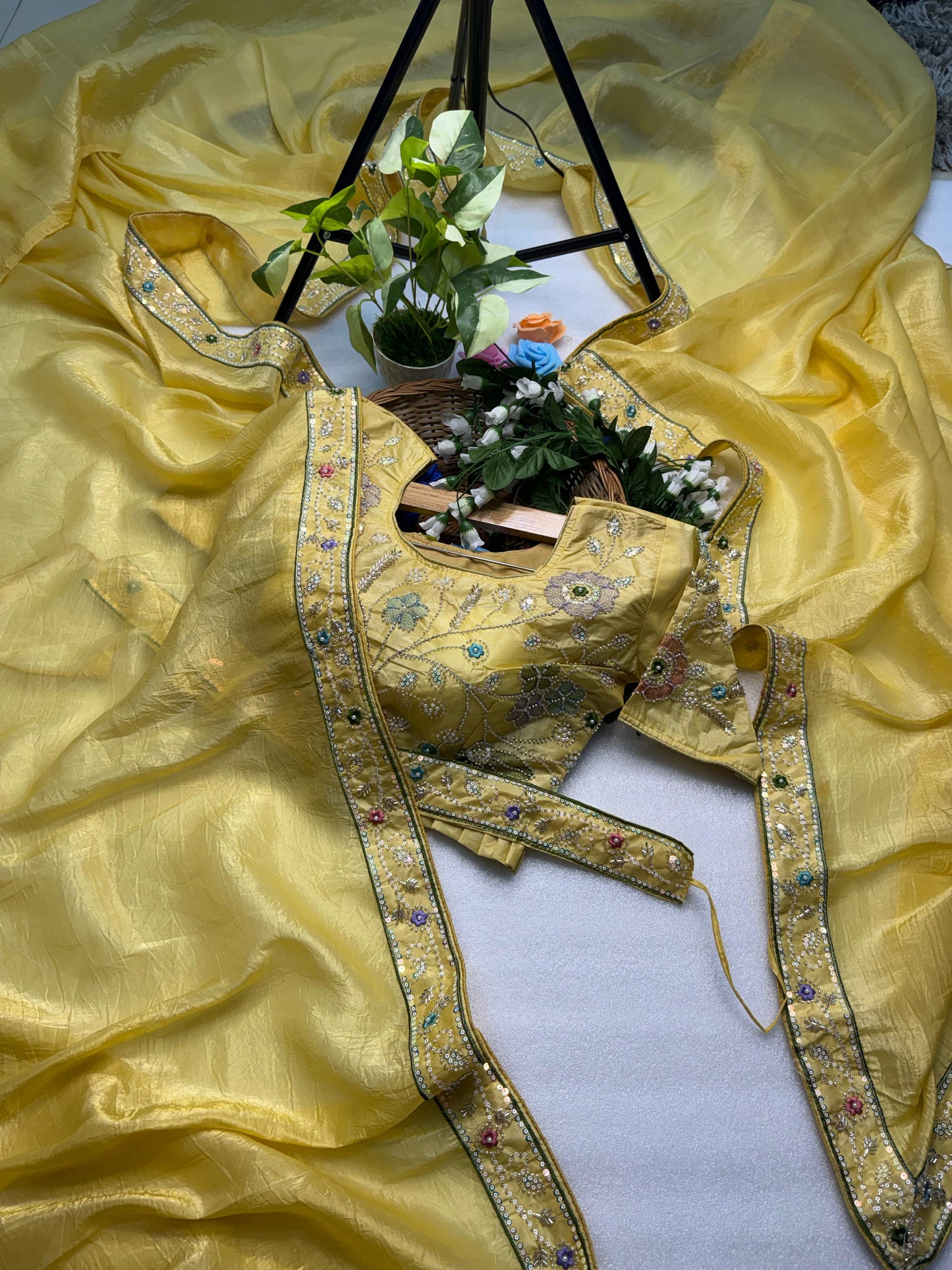 Hand-Embroidered Pure Silk Saree in Sunny Yellow Paired with a Heavily Embroidered Stitched Blouse