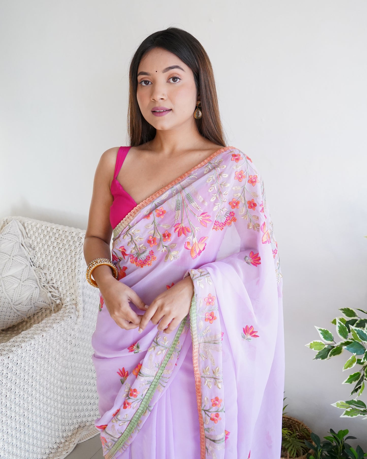 Hand Embroidered Lilac Pure Goergette saree with Heavy Border paired with Satin Blouse
