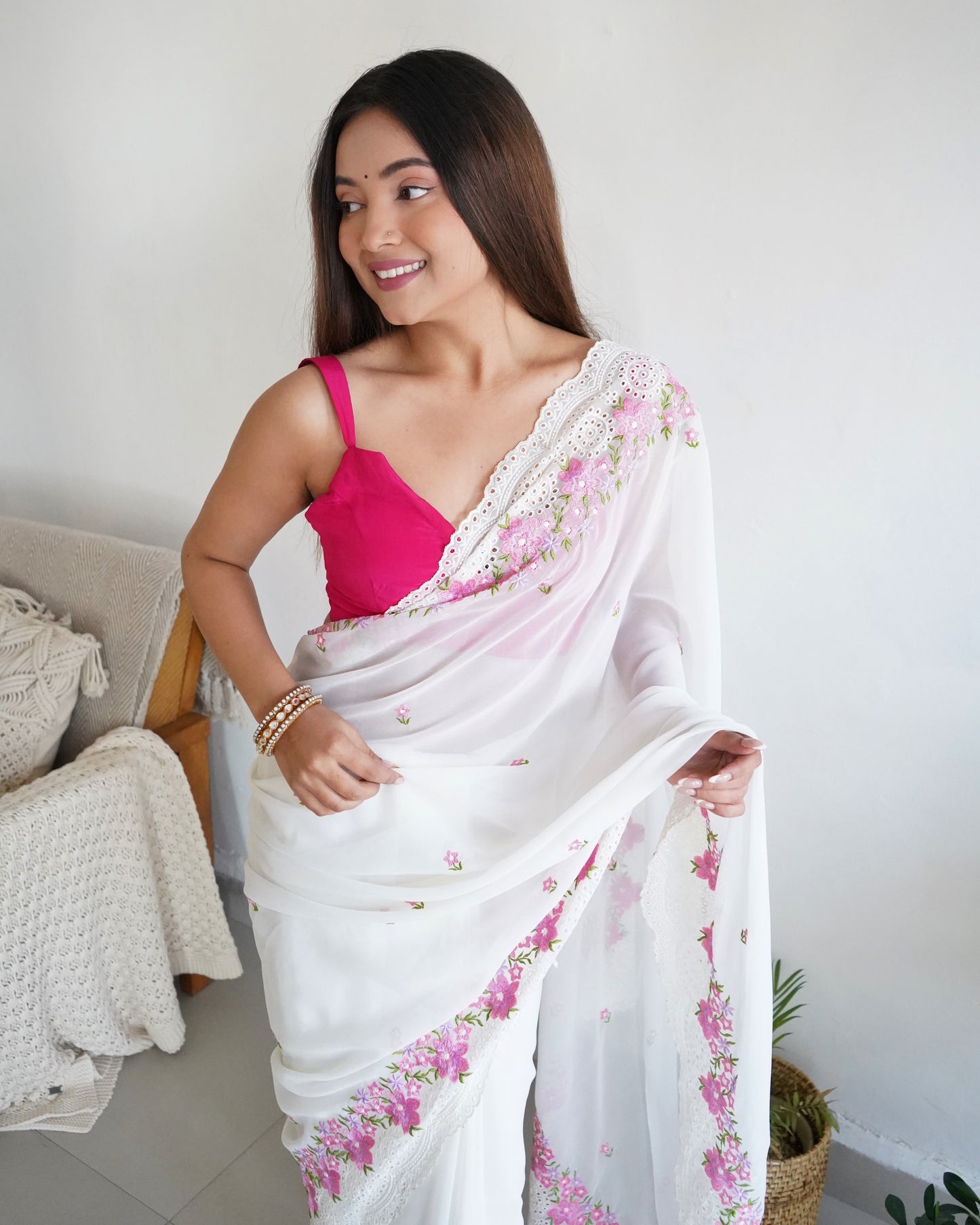 Hand-Embroidered Pure White Georgette-Silk Saree with beautiful Cut-Work border with Blouse
