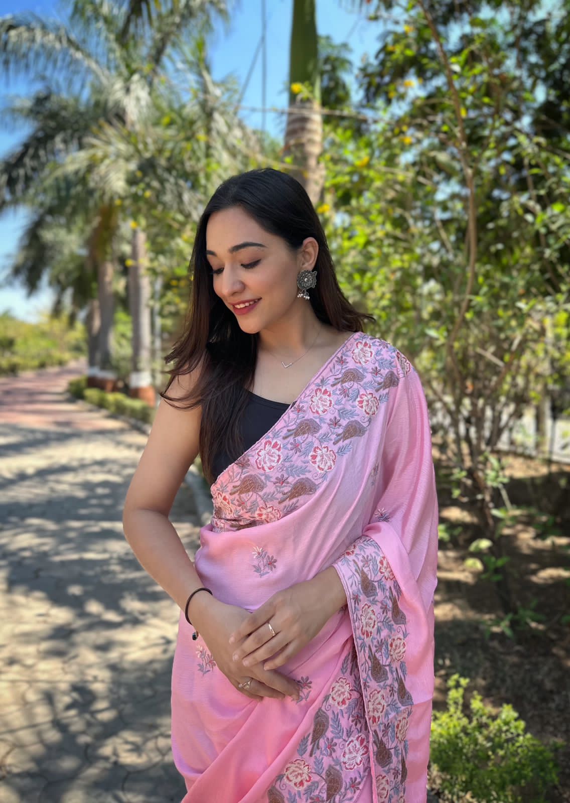 Hand-Embroidered Baby-Pink Pure Shimmer Slub Silk Saree with Blouse