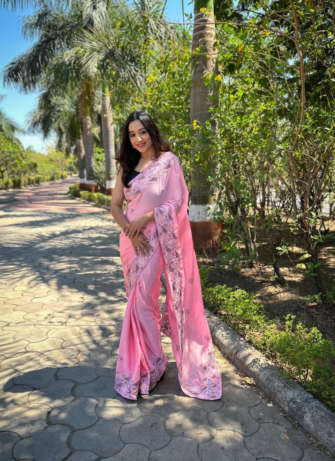 Hand-Embroidered Baby-Pink Pure Shimmer Slub Silk Saree with Blouse
