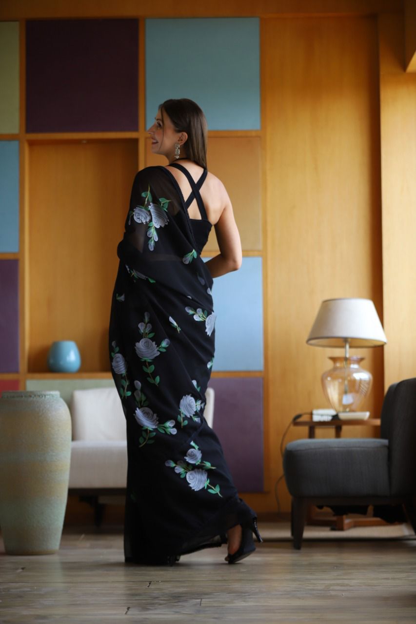 Hand-Embroidered Timeless-Black Chikankari & Golden Zari work Saree with Blouse