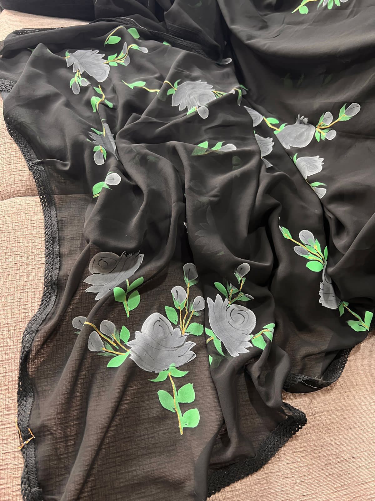 Hand-Embroidered Timeless-Black Chikankari & Golden Zari work Saree with Blouse