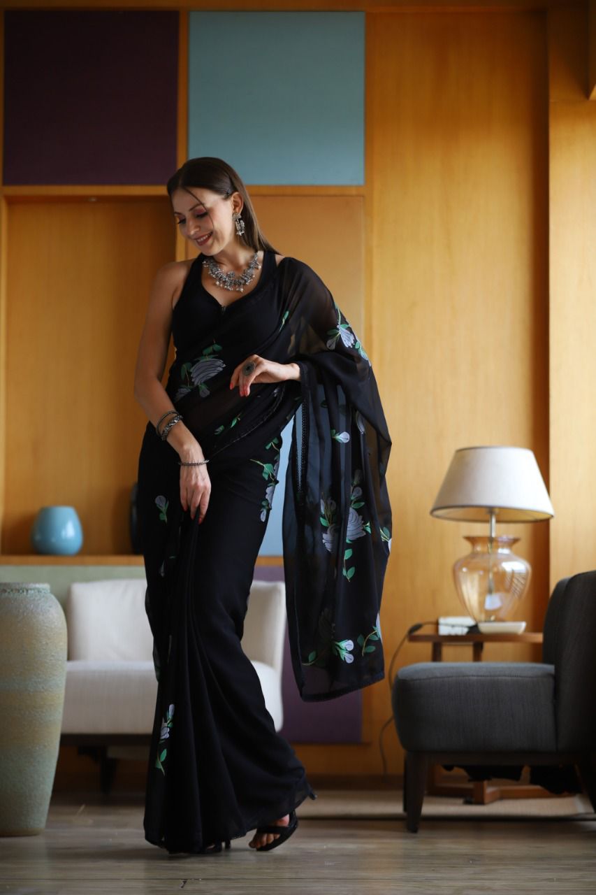 Hand-Embroidered Timeless-Black Chikankari & Golden Zari work Saree with Blouse
