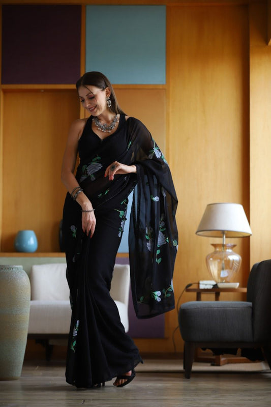 Hand-Embroidered Timeless-Black Chikankari & Golden Zari work Saree with Blouse