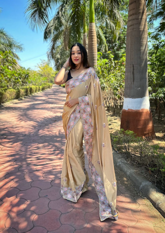 Hand-Embroidered Cream Pure Shimmer Slub Silk Saree with Blouse