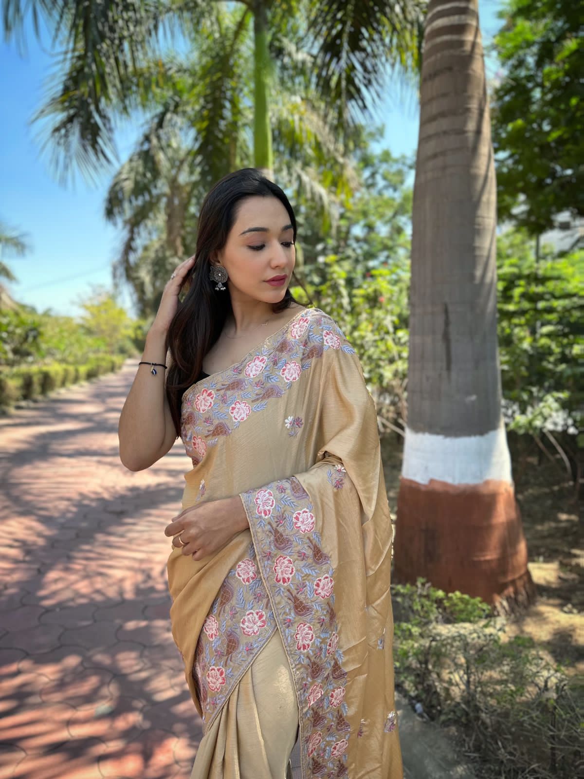 Hand-Embroidered Cream Pure Shimmer Slub Silk Saree with Blouse