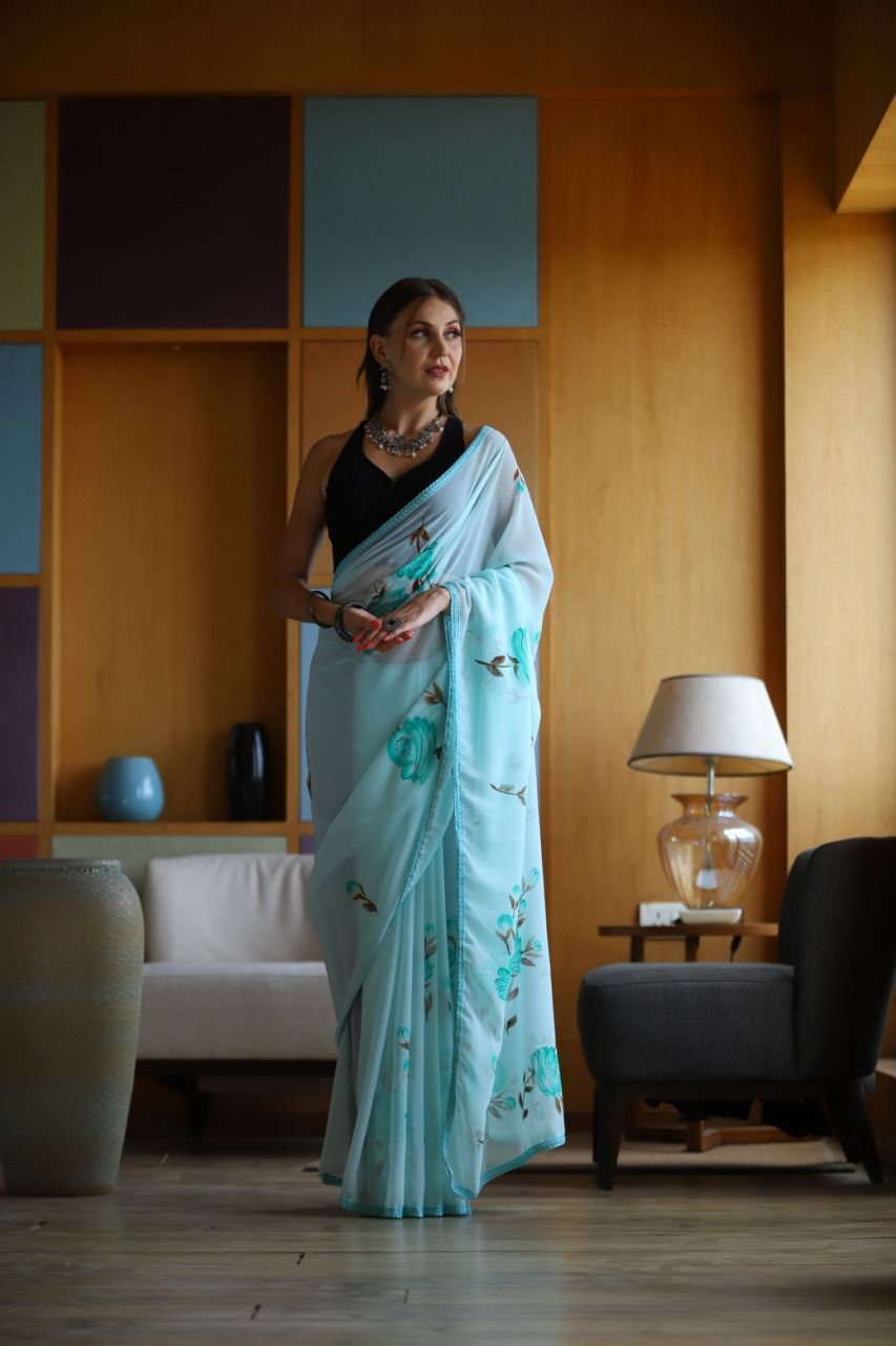 Hand-Embroidered Calming-Blue Chikankari & Golden Zari work Saree with Blouse