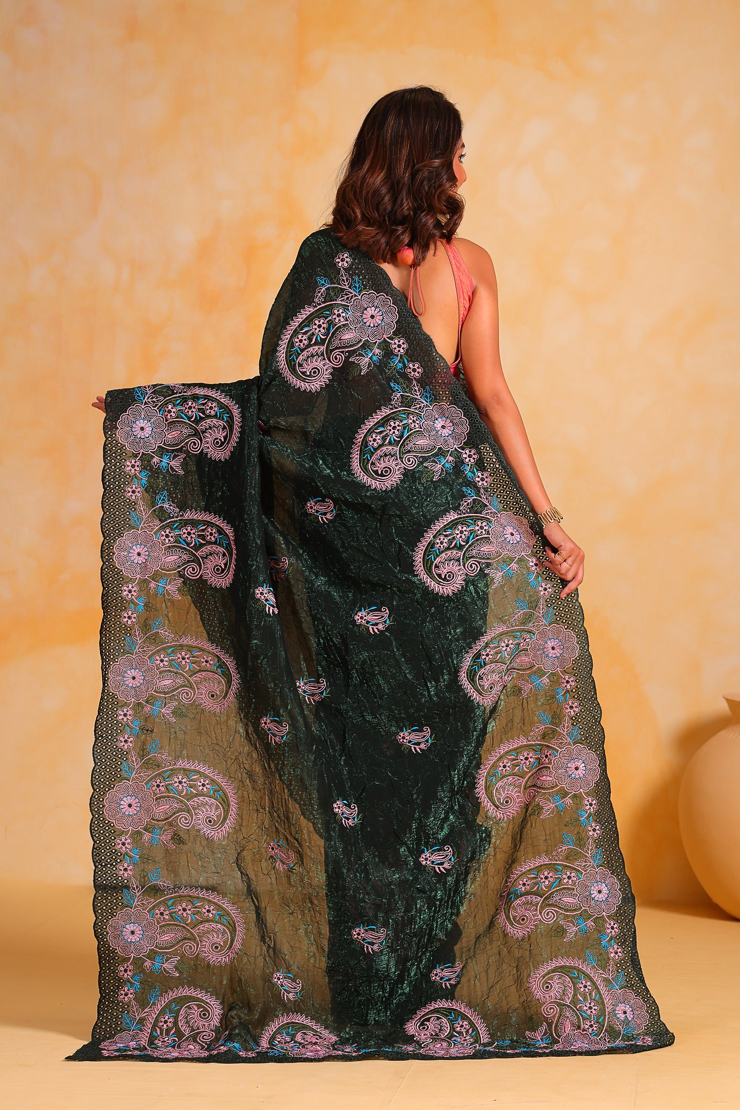 Pure Korean Crushed Shimmer-Silk Beetle-Green saree with Blouse