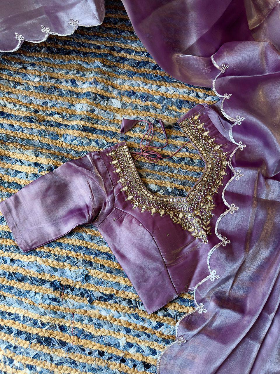 Lavender Jimmy Choo Silk Saree with Cut-Work & Hand-Embroidered Blouse