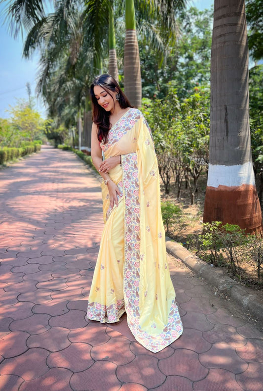 Hand-Embroidered Light-Yellow Pure Shimmer Slub Silk Saree with Blouse