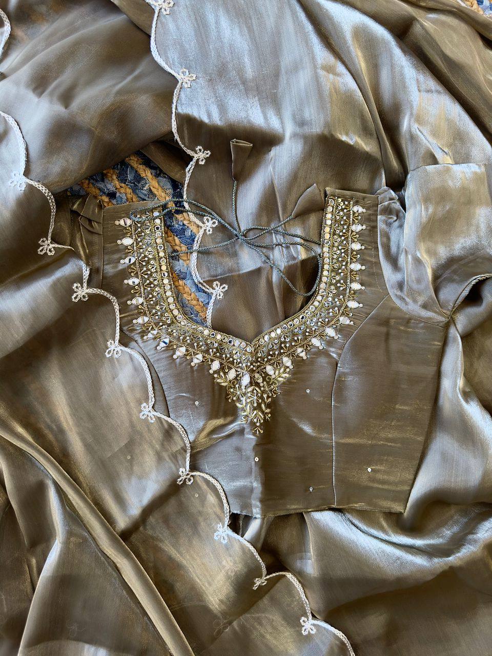 Mehendi-Green Jimmy Choo Silk Saree with Cut-Work & Hand-Embroidered Blouse