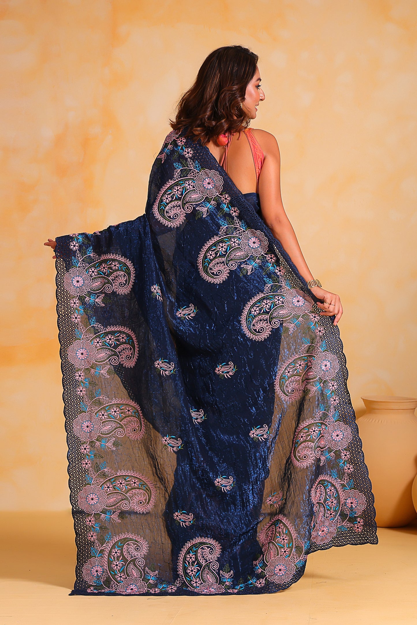 Pure Korean Crushed Shimmer-Silk Navy-Blue saree with Blouse
