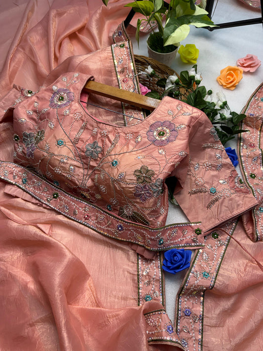 Hand-Embroidered Pure Silk Saree in Vibrant Peach Paired with a Heavily Embroidered Stitched Blouse