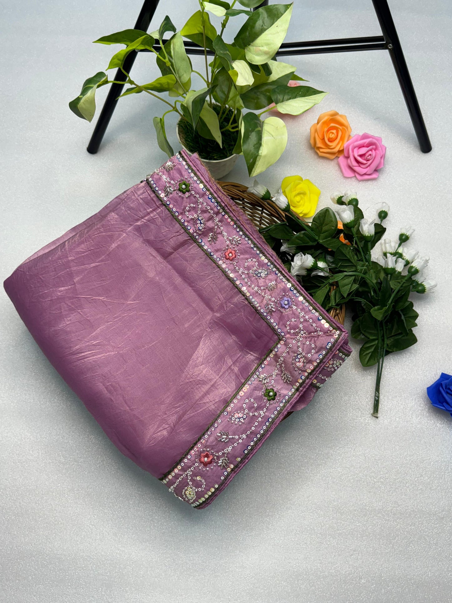 Hand-Embroidered Pure Silk Saree in Ravishing Pink Paired with a Heavily Embroidered Stitched Blouse