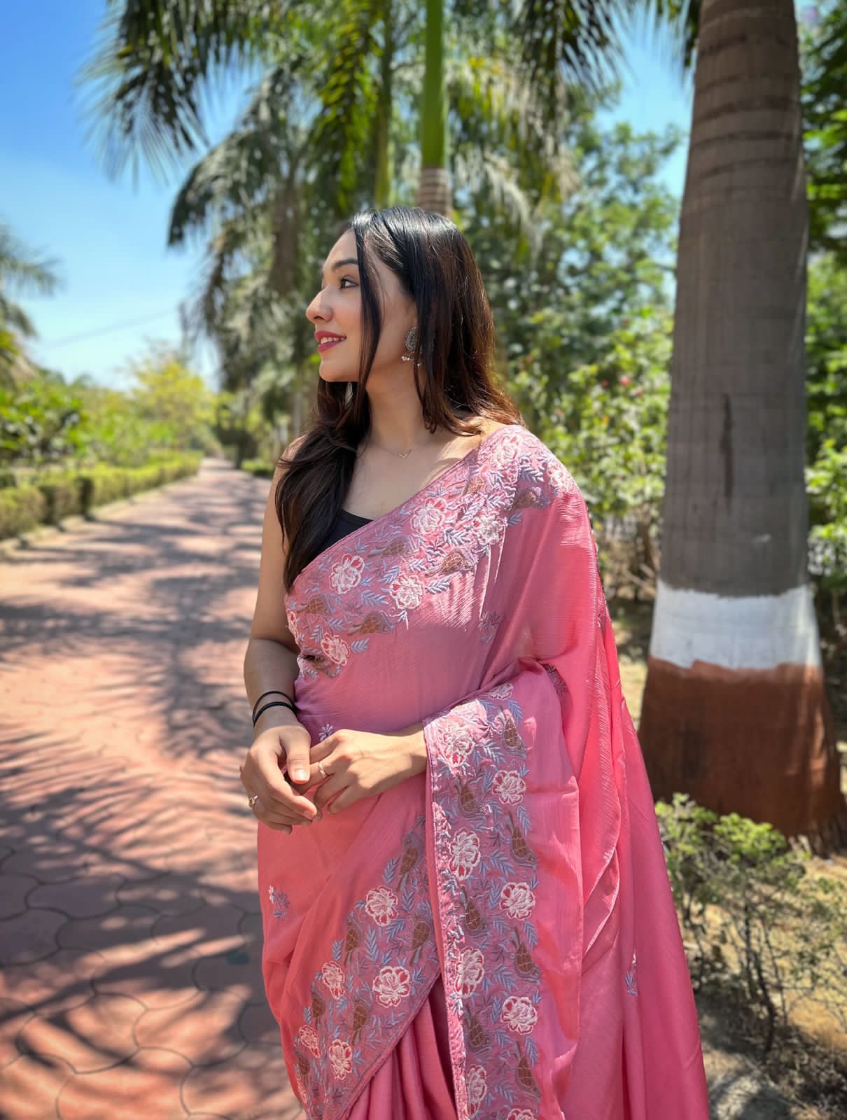 Hand-Embroidered Dark-Pink Pure Shimmer Slub Silk Saree with Blouse