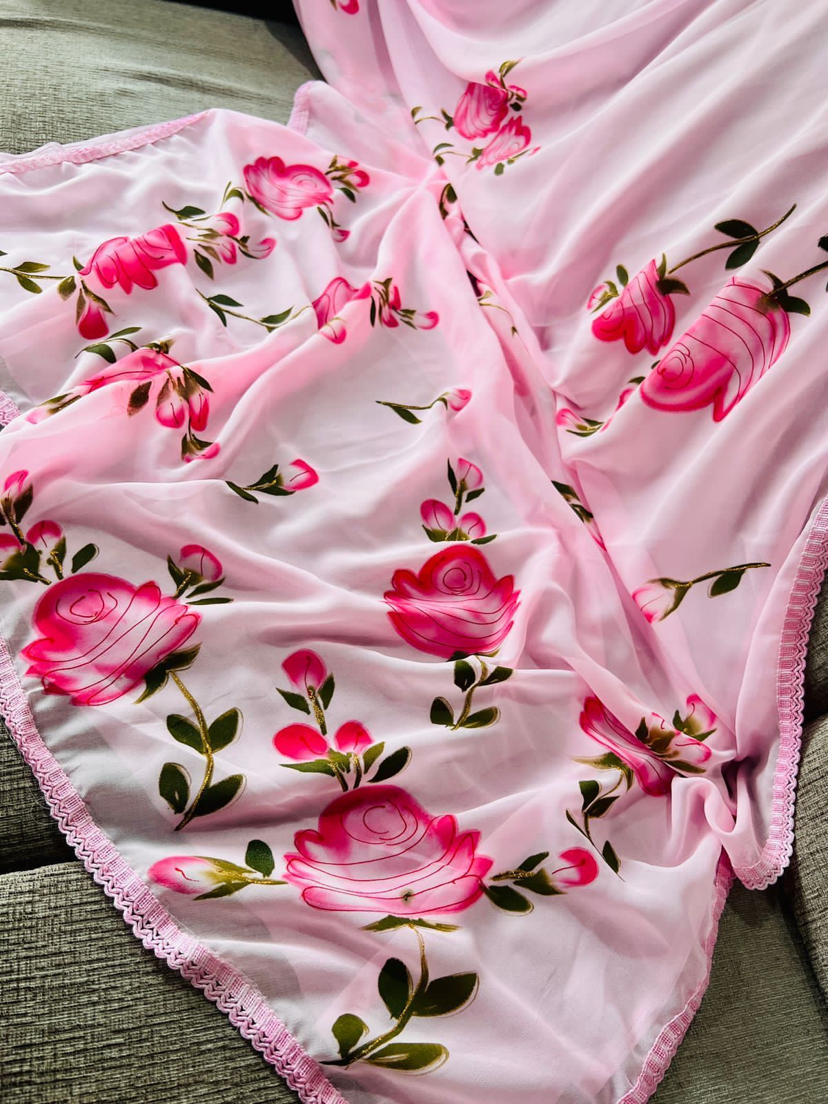 Hand-Embroidered Lovely-Pink Chikankari & Golden Zari work Saree with Blouse