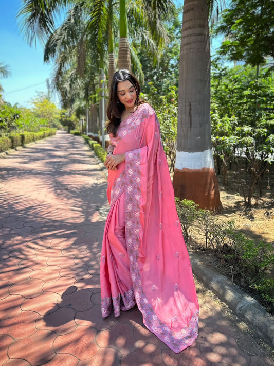Hand-Embroidered Dark-Pink Pure Shimmer Slub Silk Saree with Blouse
