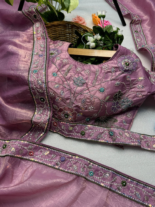 Hand-Embroidered Pure Silk Saree in Ravishing Pink Paired with a Heavily Embroidered Stitched Blouse